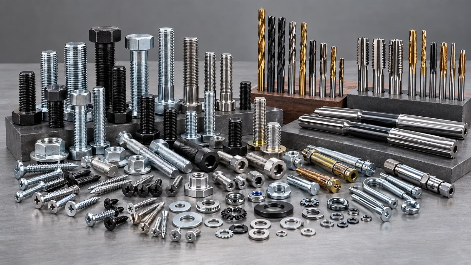 Hex bolts, socket screws, nuts, washers, drills, taps and reamers laid out on steel blocks