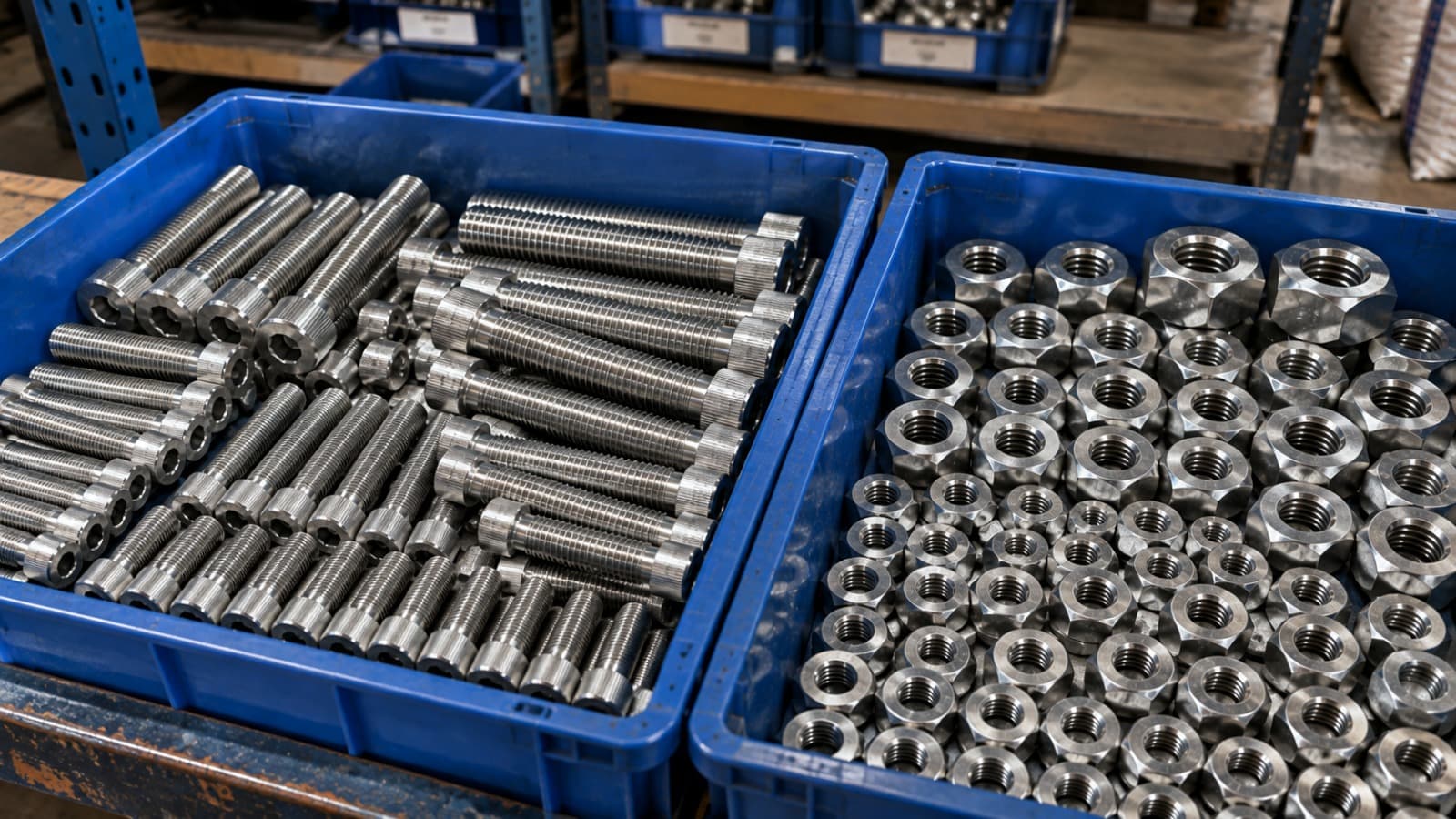 Crates of stainless socket head cap screws and hex nuts