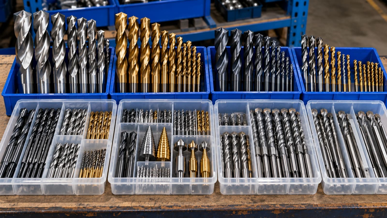 Twist drills, step drills and countersinks sorted in trays