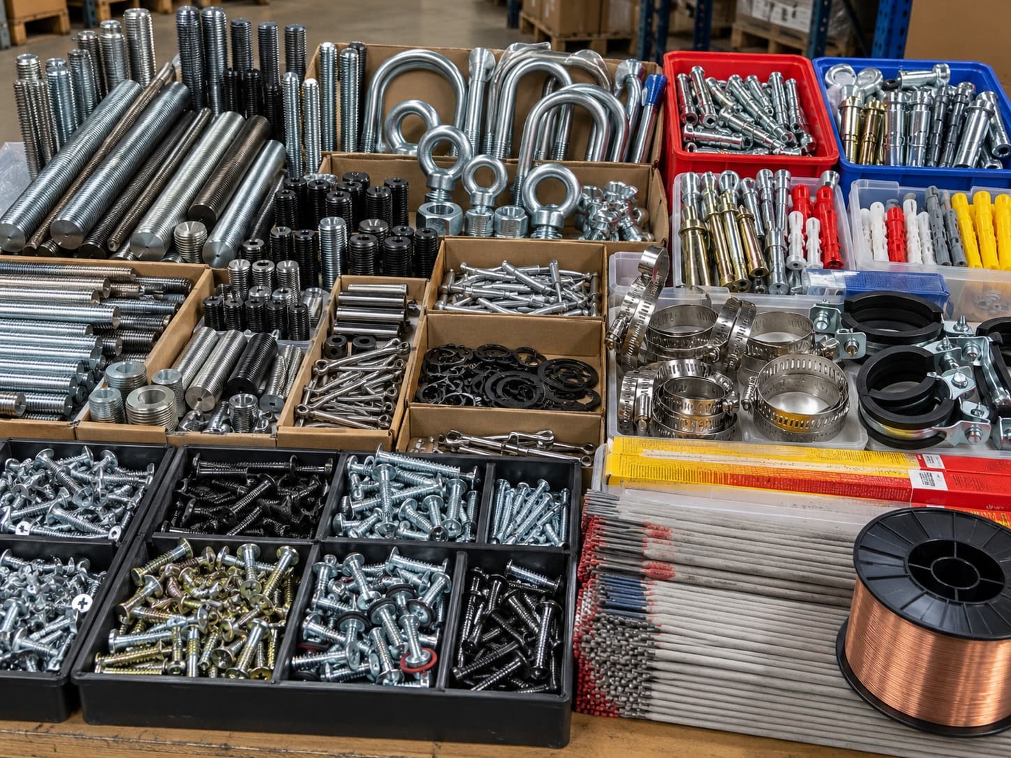 Threaded rod, studs, eye bolts, anchors, hose clamps, screws, welding electrodes and a spool of welding wire laid out in trays